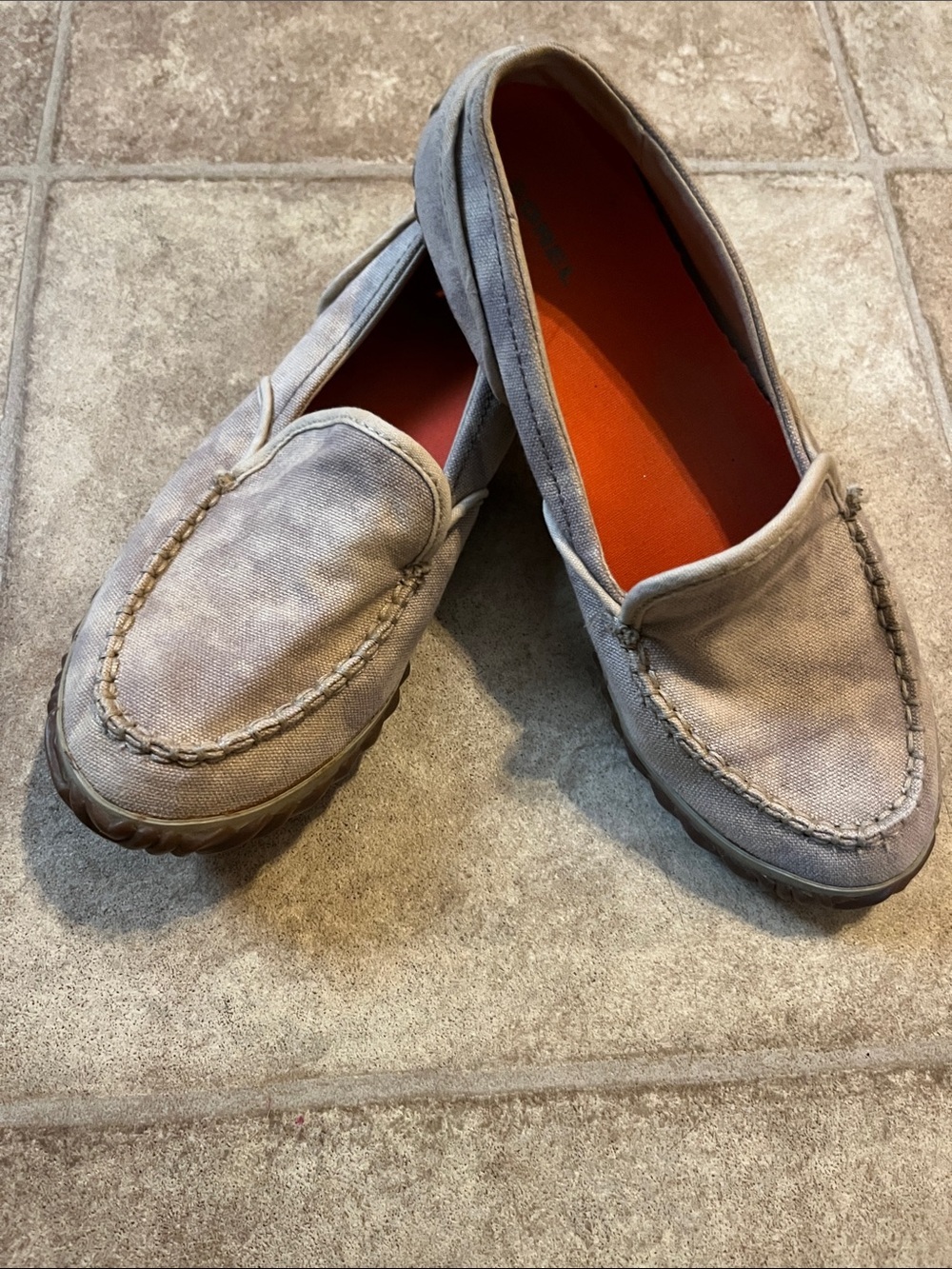 Sorel Women's Canvas Slip-On Loafers in Light Gray with Orange Insole Classic